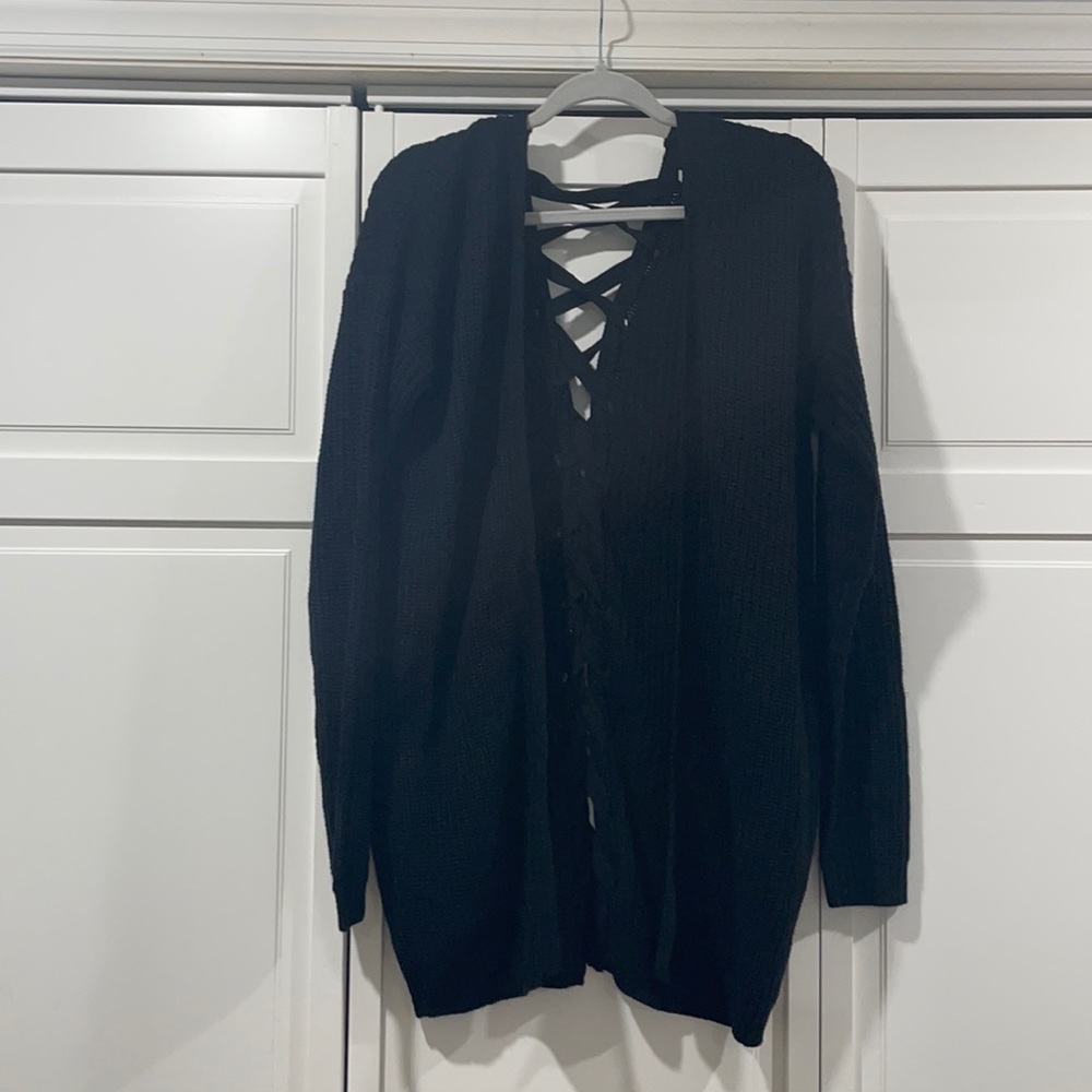 Women’s size L black knit sweater with tie up back detail